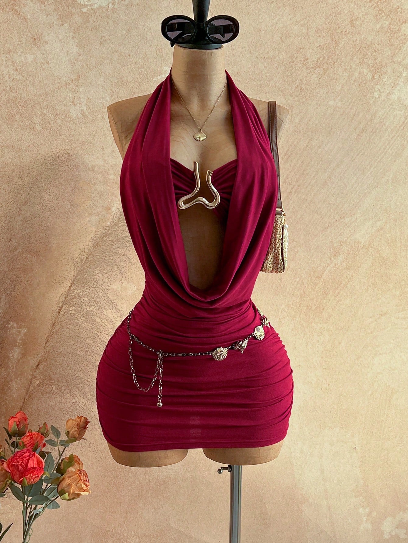 Soleia Women's Metal Connected Hollow Out Plunging Neck Sexy Mini Dress,Summer Dresses For Women,No Breast Pads
