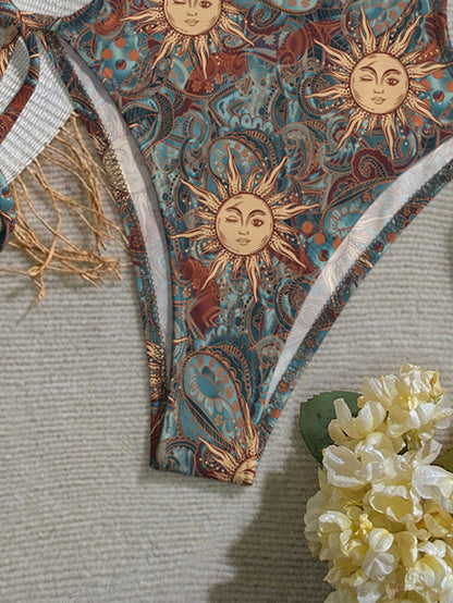 Soleia Women's New Halter Tie Swimsuit, Retro Sun God Cashew Flower Print Pattern Front Hollow Teardrop Sexy & Fashionable Style, Suitable For Beach Wear