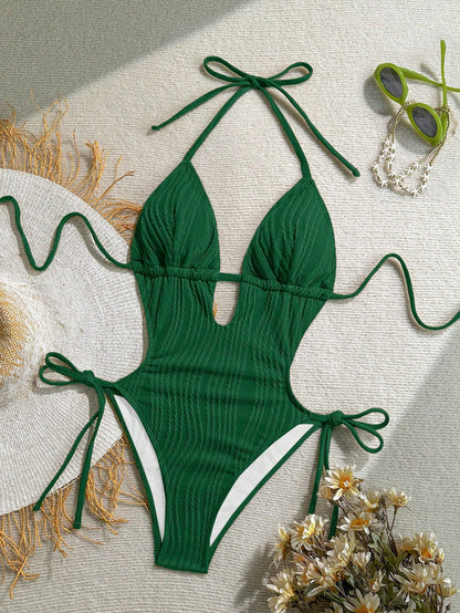 Soleia Women's Olive Green Knitted Jacquard Textured V-Neck Backless Halter One Piece Swimsuit, Suitable For Beach Black Bathing Suit Women Neck