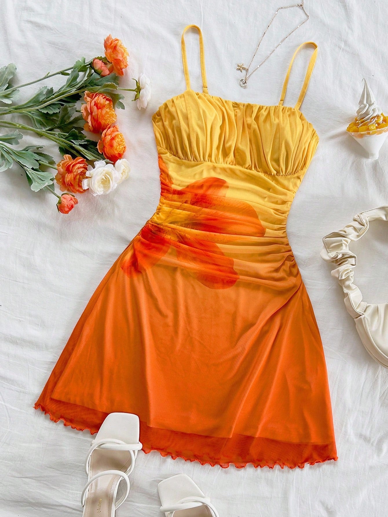 Soleia Women's Orange And Yellow,Casual Beach Wedding Guest Attire Graduation Brunch Elegant Tropical Mini Dress No Chest Padding