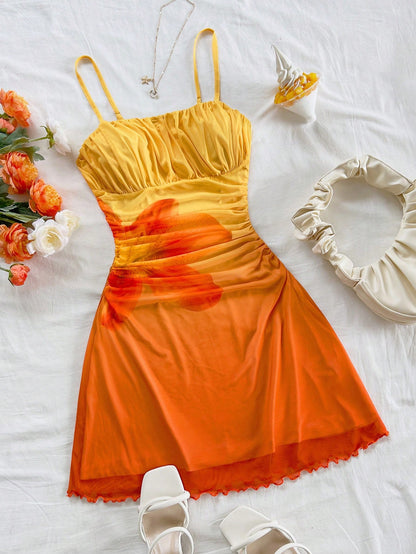 Soleia Women's Orange And Yellow,Casual Beach Wedding Guest Attire Graduation Brunch Elegant Tropical Mini Dress No Chest Padding