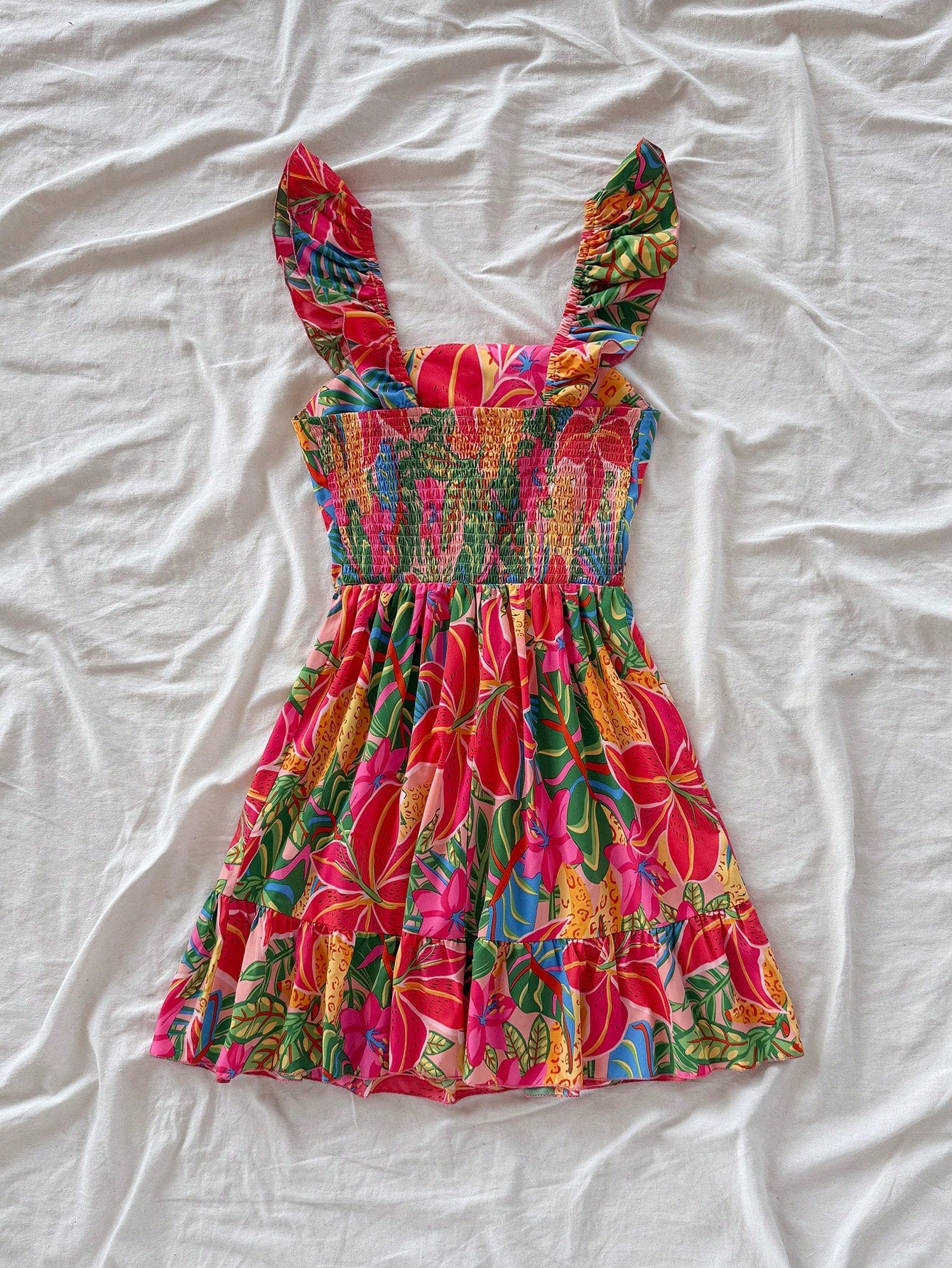 Soleia Women's Pink And Green Floral Tropical Print Casual Loose Dress Wide Straps Beach Vacation Summer Boho Holiday Sun Dress For West Music Festival
