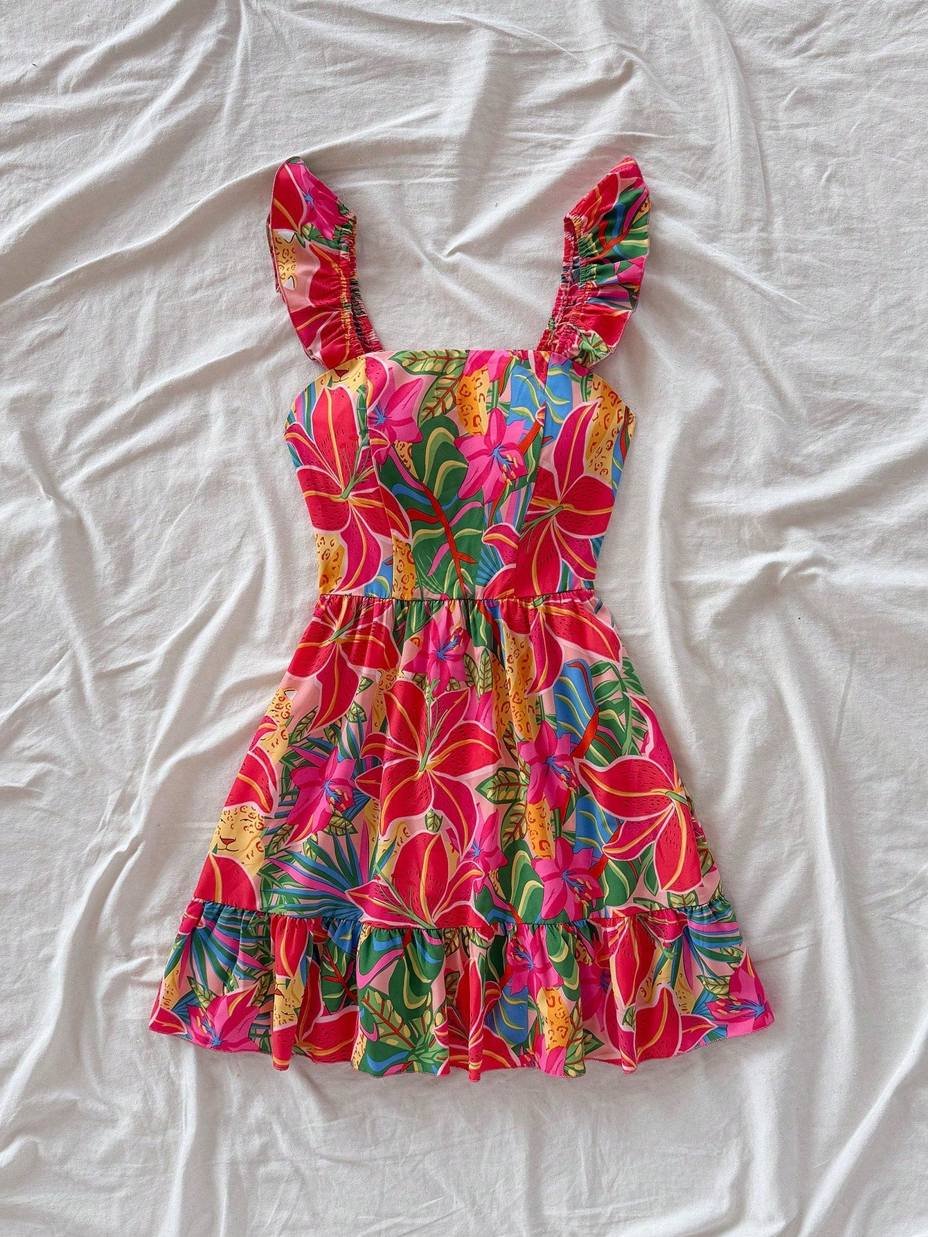 Soleia Women's Pink And Green Floral Tropical Print Casual Loose Dress Wide Straps Beach Vacation Summer Boho Holiday Sun Dress For West Music Festival
