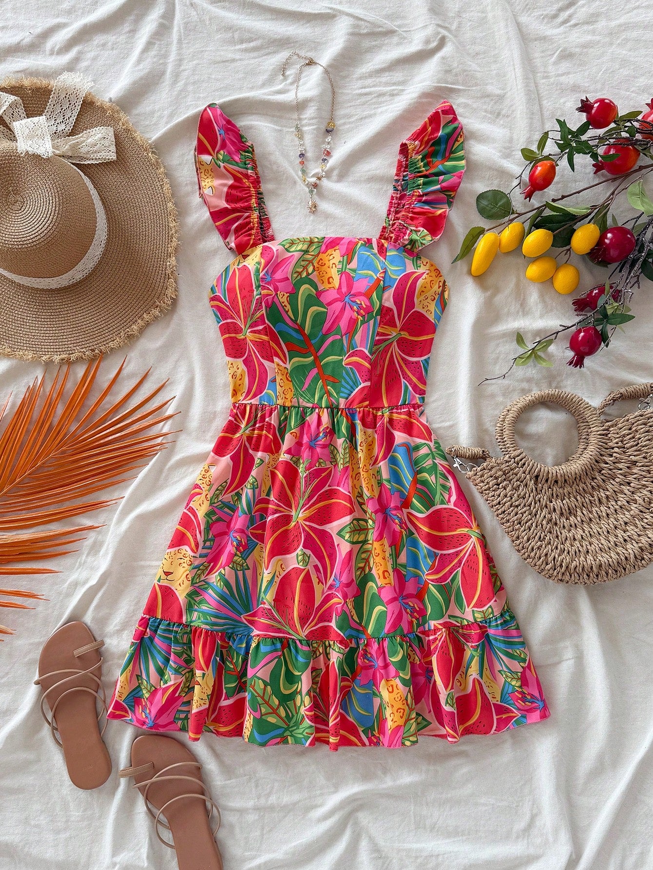 Soleia Women's Pink And Green Floral Tropical Print Casual Loose Dress Wide Straps Beach Vacation Summer Boho Holiday Sun Dress For West Music Festival