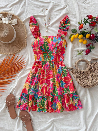 Soleia Women's Pink And Green Floral Tropical Print Casual Loose Dress Wide Straps Beach Vacation Summer Boho Holiday Sun Dress For West Music Festival