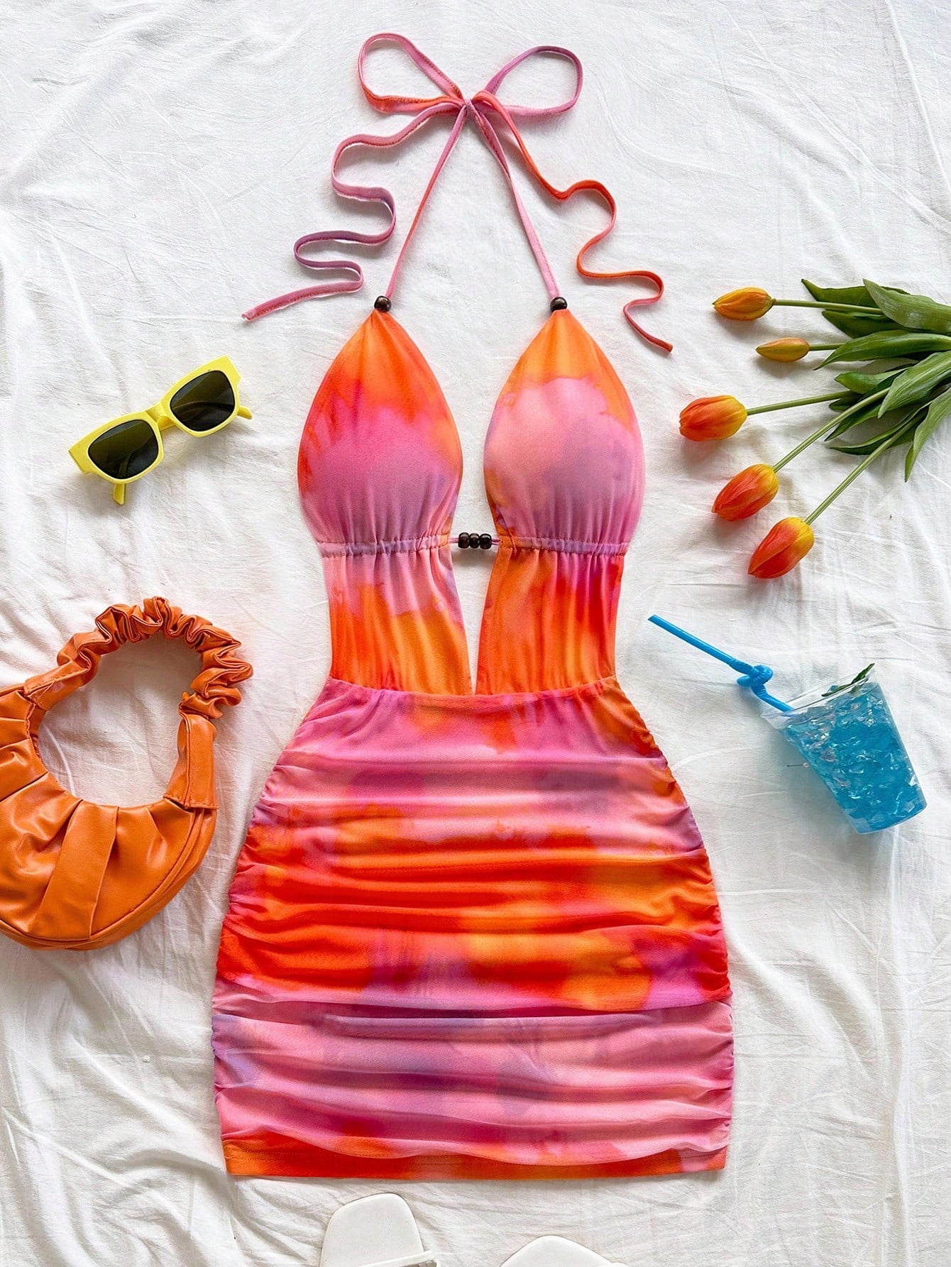 Soleia Women's Pink And Orange Sunset Ombre Knitted Mesh Deep V Neck Backless Ruched Bodycon Mini Dress For Summer,Holiday,Vacation No Chest Padding