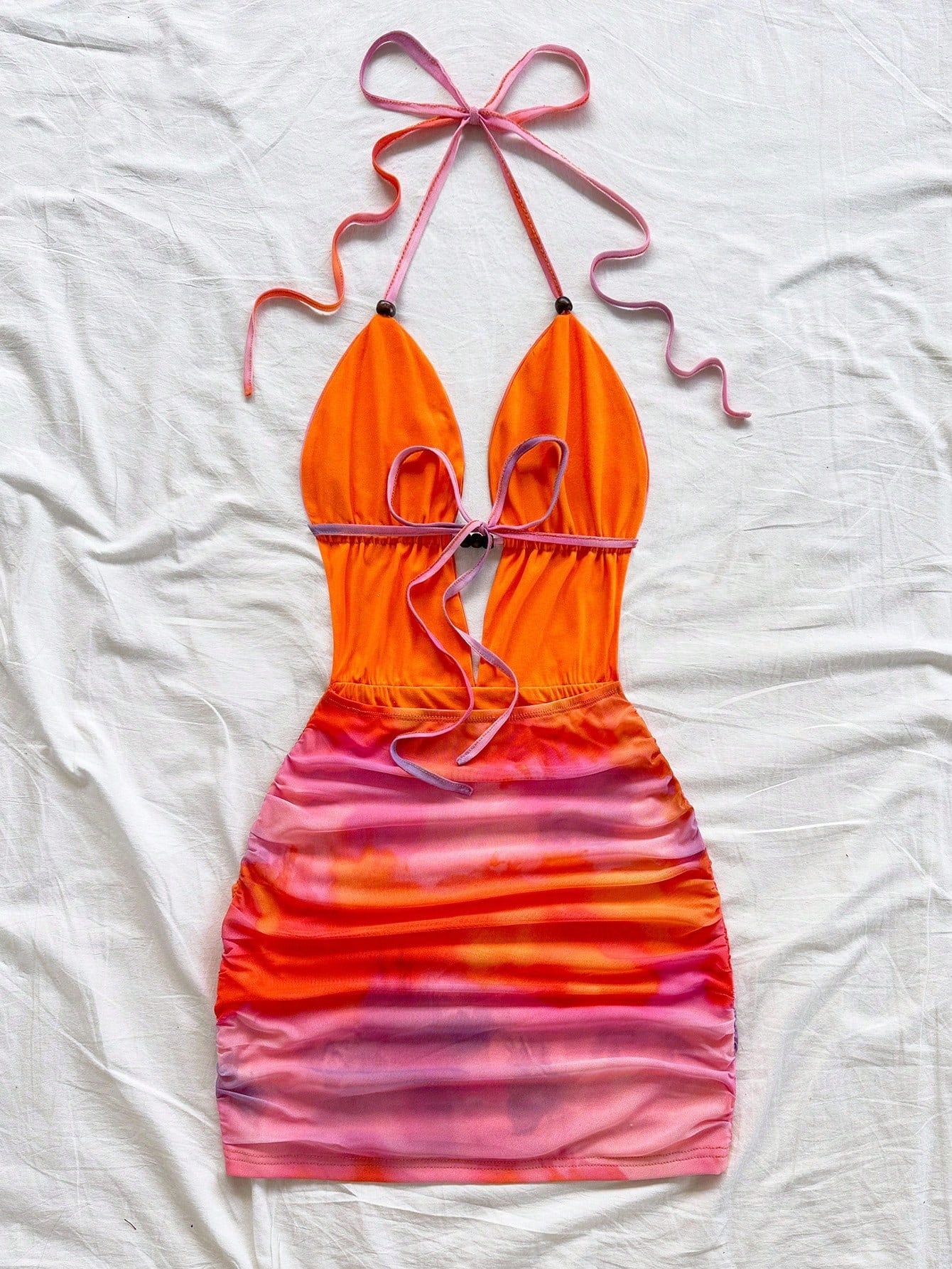 Soleia Women's Pink And Orange Sunset Ombre Knitted Mesh Deep V Neck Backless Ruched Bodycon Mini Dress For Summer,Holiday,Vacation No Chest Padding