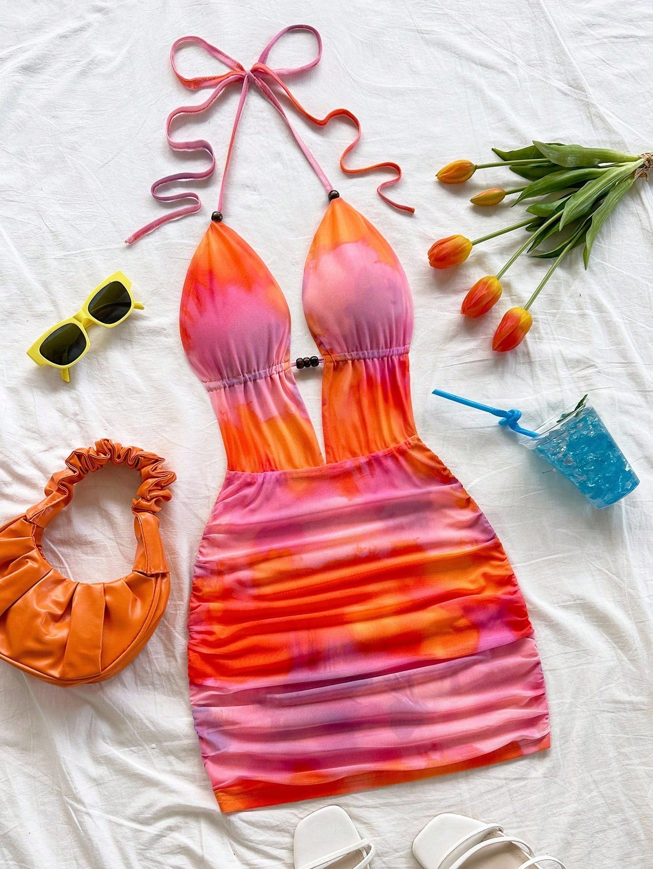 Soleia Women's Pink And Orange Sunset Ombre Knitted Mesh Deep V Neck Backless Ruched Bodycon Mini Dress For Summer,Holiday,Vacation No Chest Padding