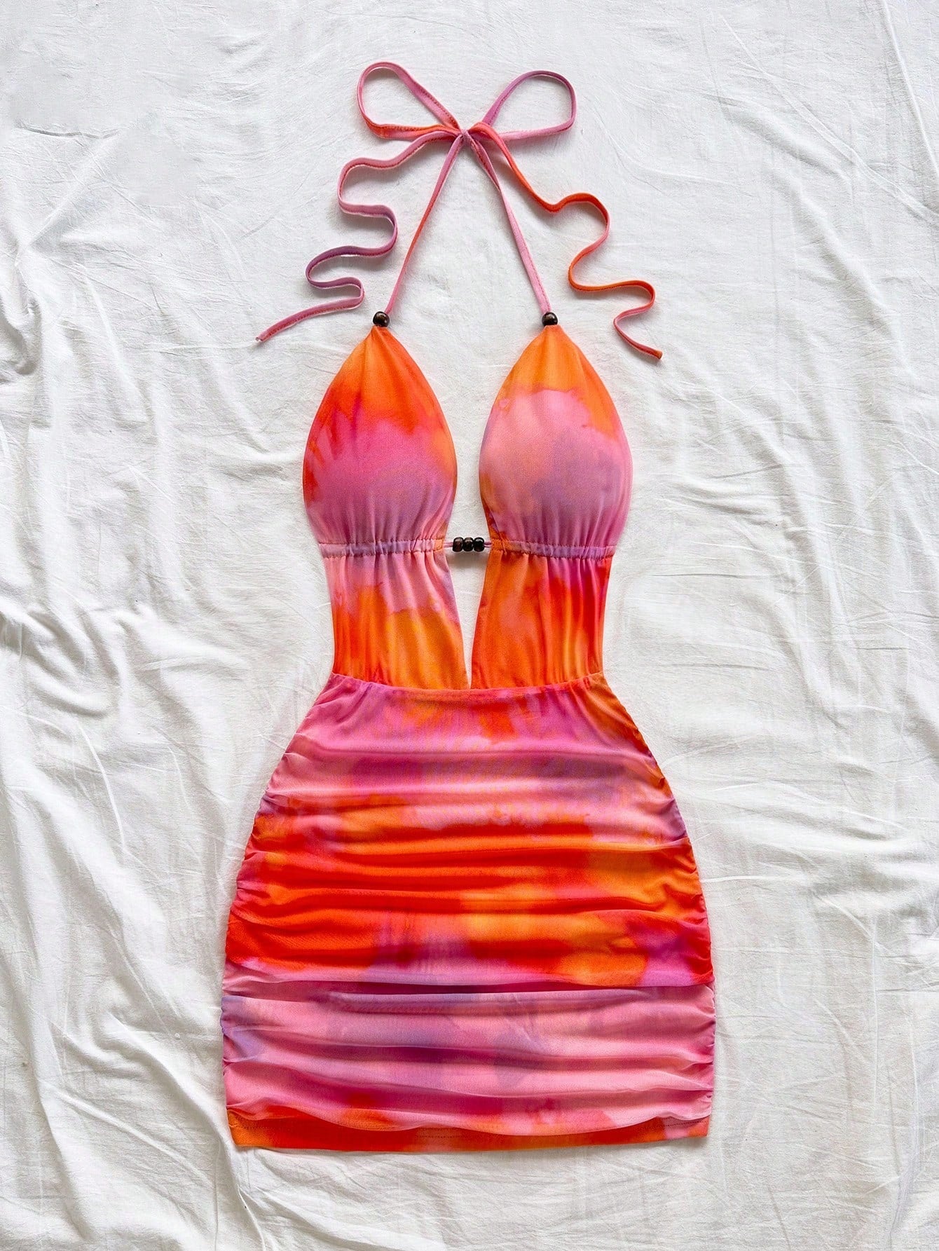 Soleia Women's Pink And Orange Sunset Ombre Knitted Mesh Deep V Neck Backless Ruched Bodycon Mini Dress For Summer,Holiday,Vacation No Chest Padding