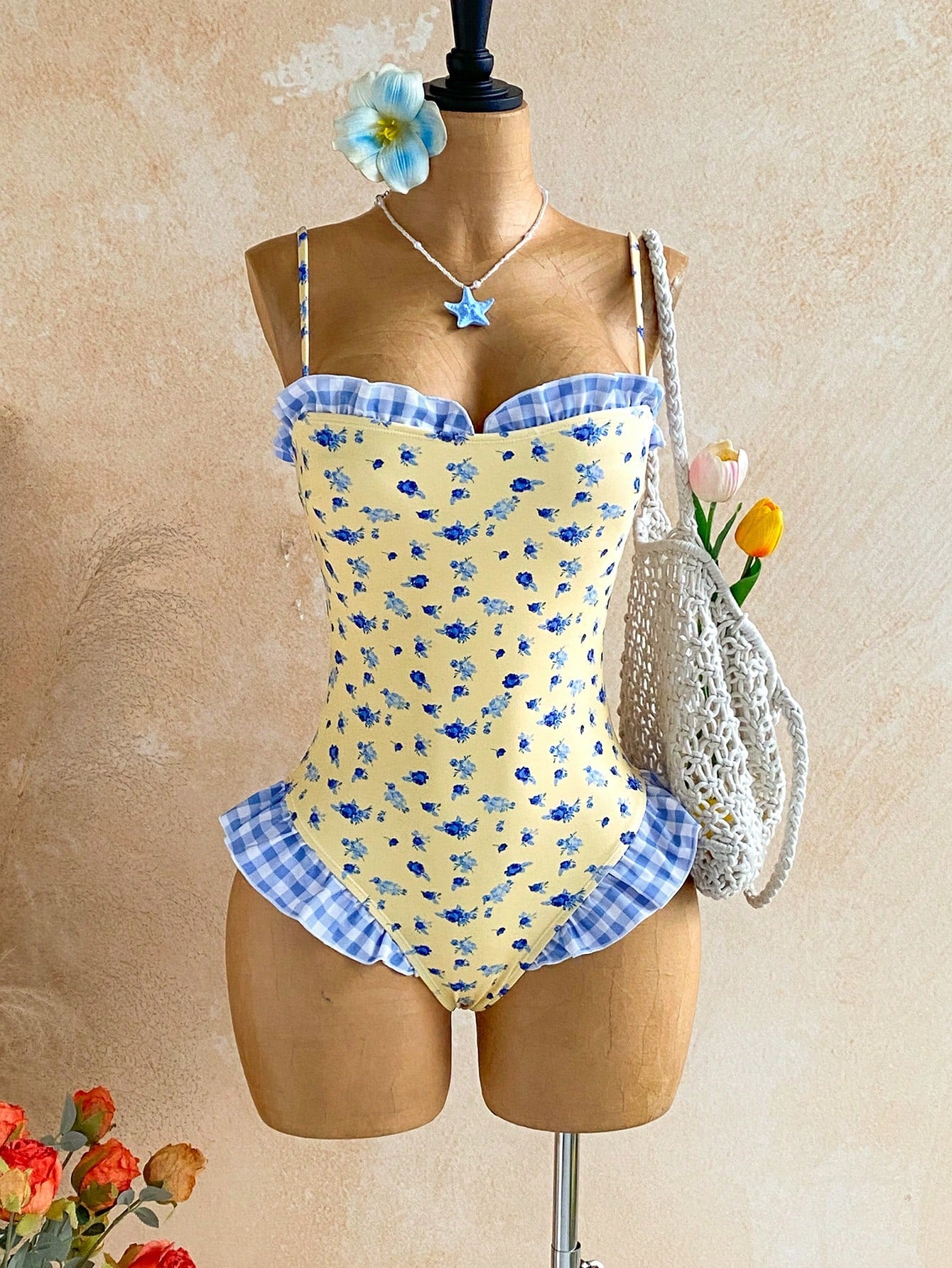 Soleia Women's Plaid Ditsy Floral One-Piece Swimsuit Pool Party Beach Butter Yellow Summer Cute