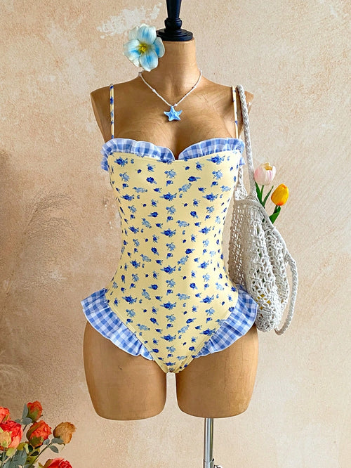 Soleia Women's Plaid Ditsy Floral One-Piece Swimsuit Pool Party Beach Butter Yellow Summer Cute