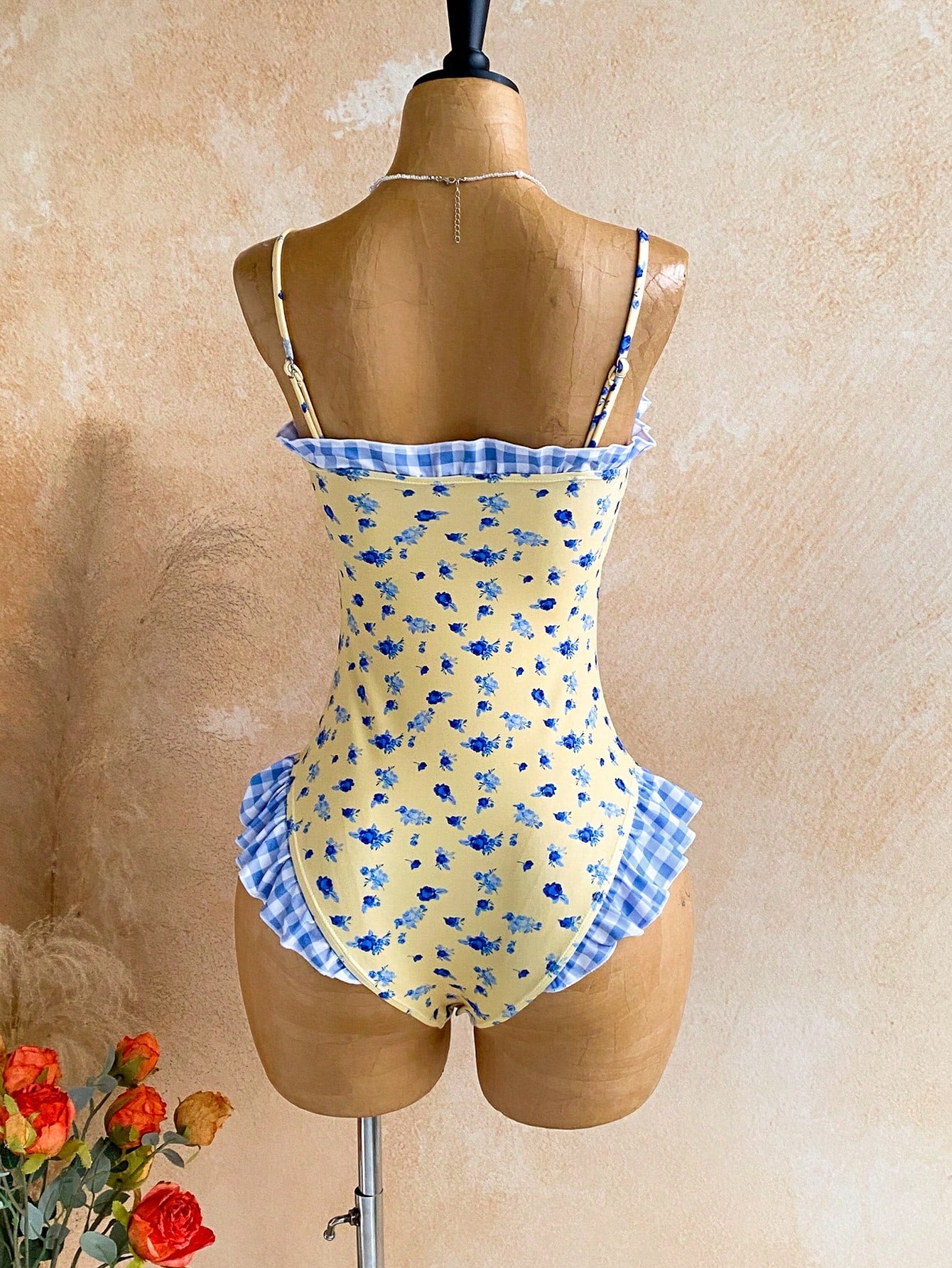 Soleia Women's Plaid Ditsy Floral One-Piece Swimsuit Pool Party Beach Butter Yellow Summer Cute
