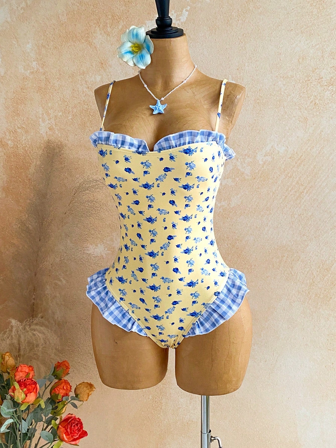 Soleia Women's Plaid Ditsy Floral One-Piece Swimsuit Pool Party Beach Butter Yellow Summer Cute