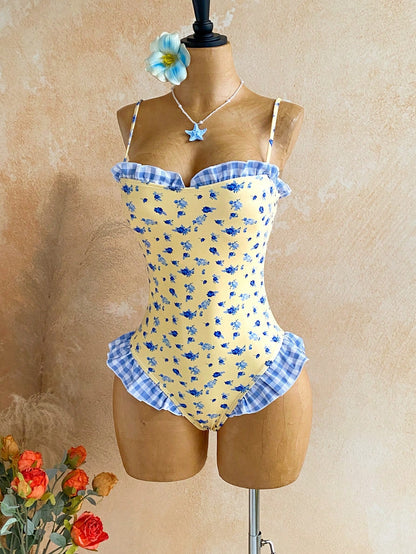 Soleia Women's Plaid Ditsy Floral One-Piece Swimsuit Pool Party Beach Butter Yellow Summer Cute