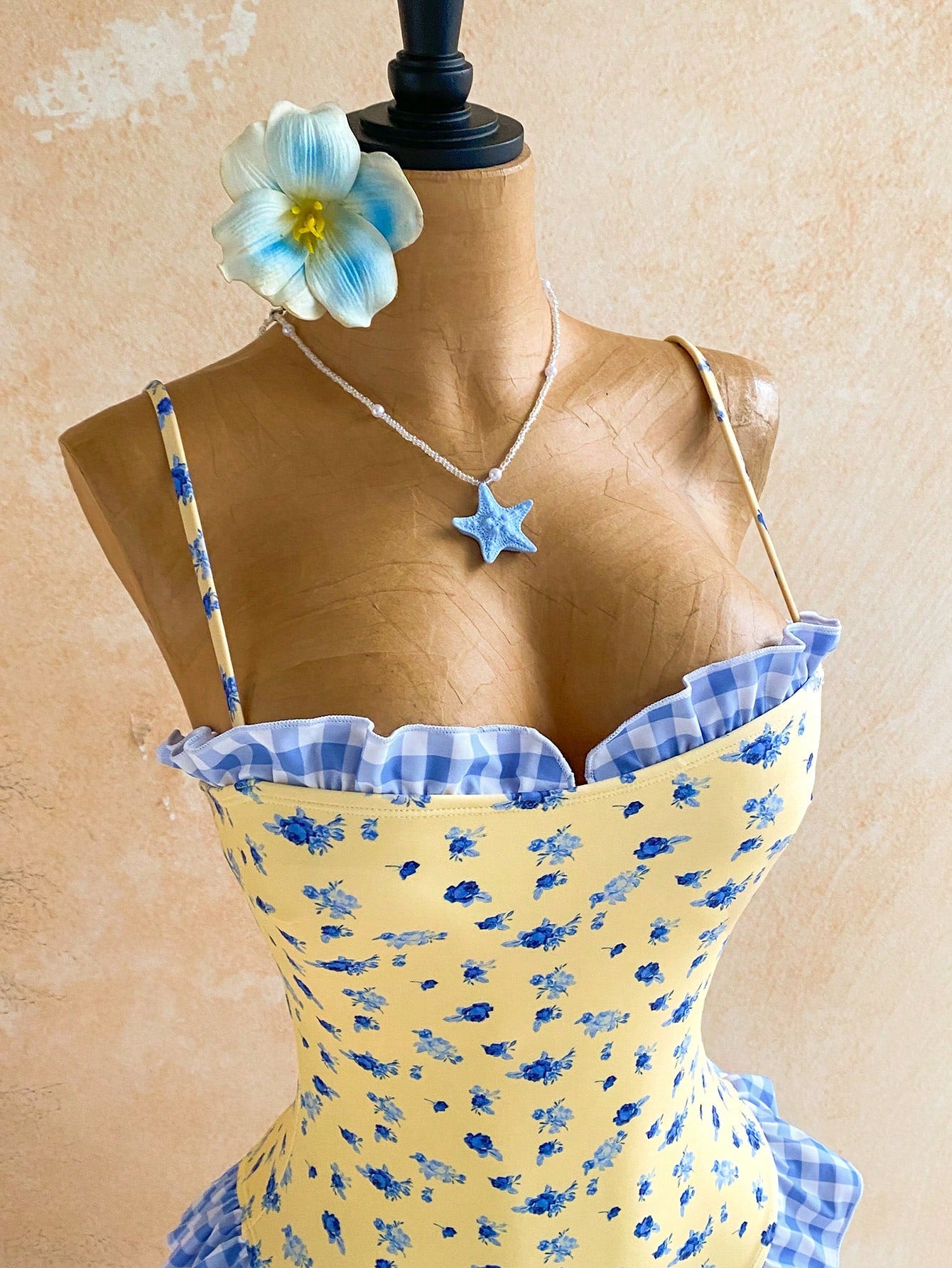 Soleia Women's Plaid Ditsy Floral One-Piece Swimsuit Pool Party Beach Butter Yellow Summer Cute