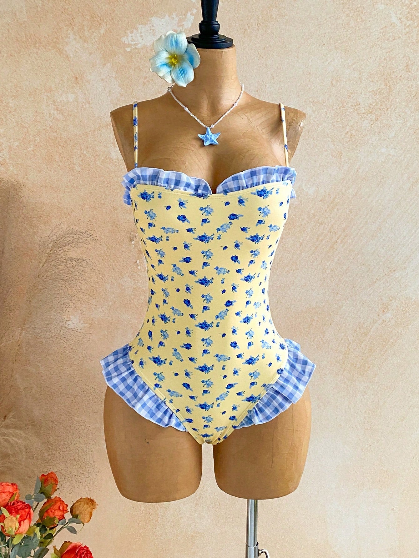Soleia Women's Plaid Ditsy Floral One-Piece Swimsuit Pool Party Beach Butter Yellow Summer Cute