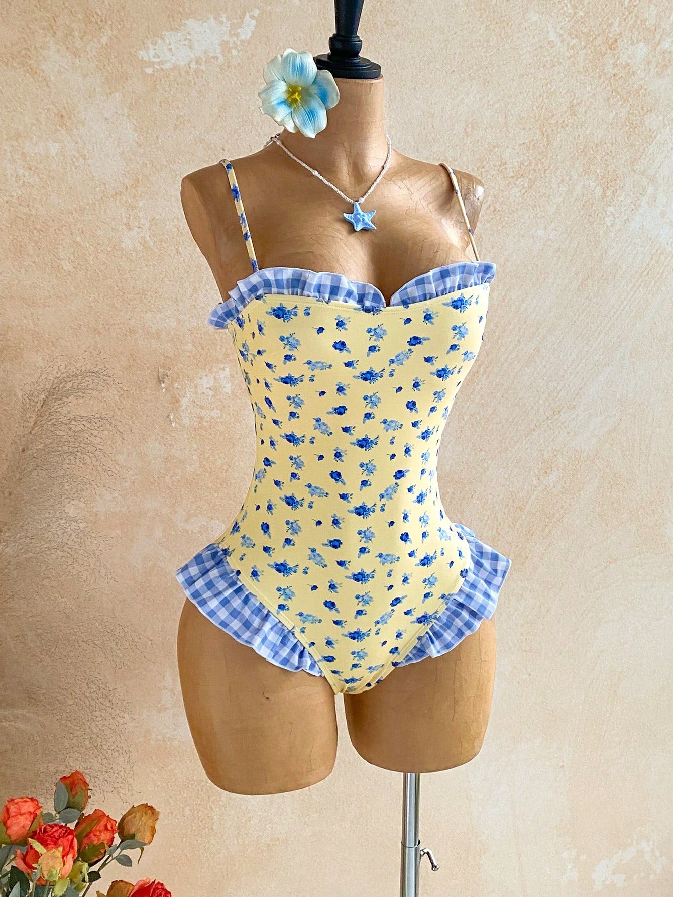 Soleia Women's Plaid Ditsy Floral One-Piece Swimsuit Pool Party Beach Butter Yellow Summer Cute