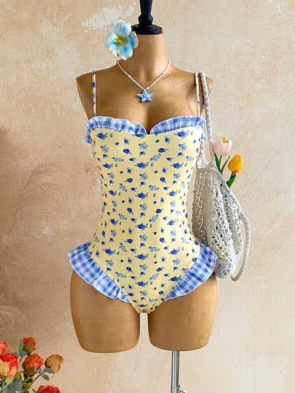 Soleia Women's Plaid Ditsy Floral One-Piece Swimsuit Pool Party Beach Butter Yellow Summer Cute