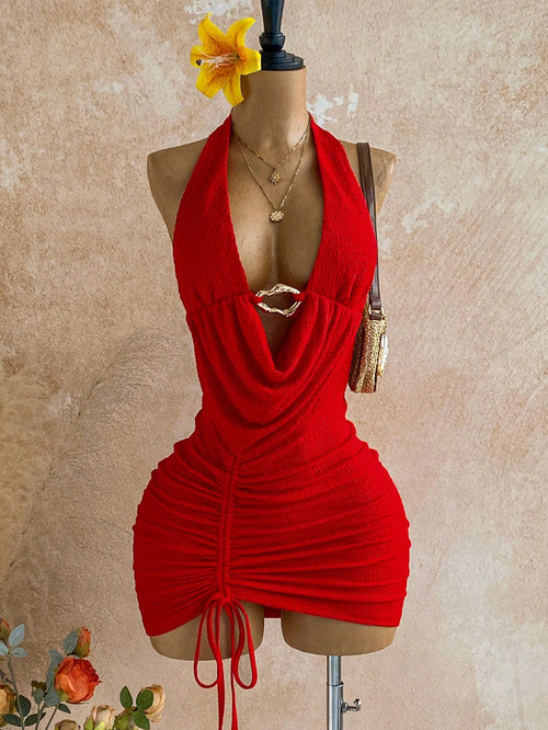 Soleia Women's Red Mini Dress For Club Night,Rave,Techno New Year Eve Party Outfit,Summer Vacation Backless Metal Buckle Drawstring Ruched Knot Dress Sexy
