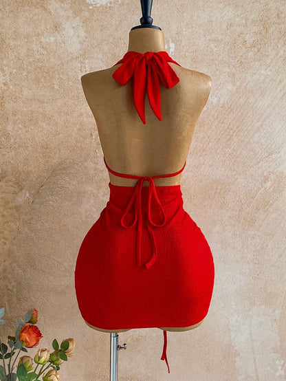 Soleia Women's Red Mini Dress For Club Night,Rave,Techno New Year Eve Party Outfit,Summer Vacation Backless Metal Buckle Drawstring Ruched Knot Dress Sexy