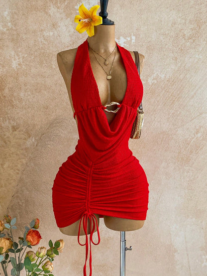Soleia Women's Red Mini Dress For Club Night,Rave,Techno New Year Eve Party Outfit,Summer Vacation Backless Metal Buckle Drawstring Ruched Knot Dress Sexy