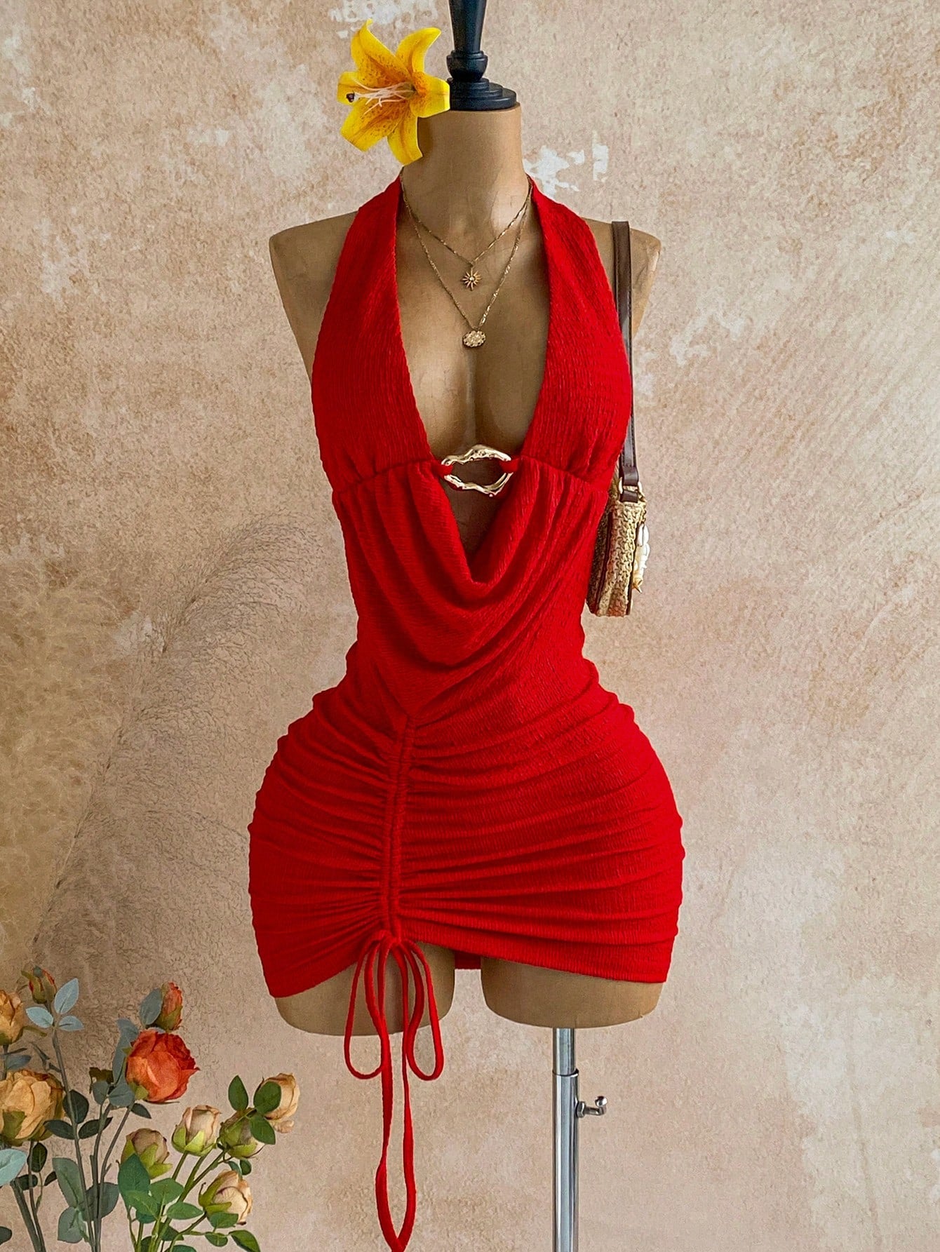 Soleia Women's Red Mini Dress For Club Night,Rave,Techno New Year Eve Party Outfit,Summer Vacation Backless Metal Buckle Drawstring Ruched Knot Dress Sexy