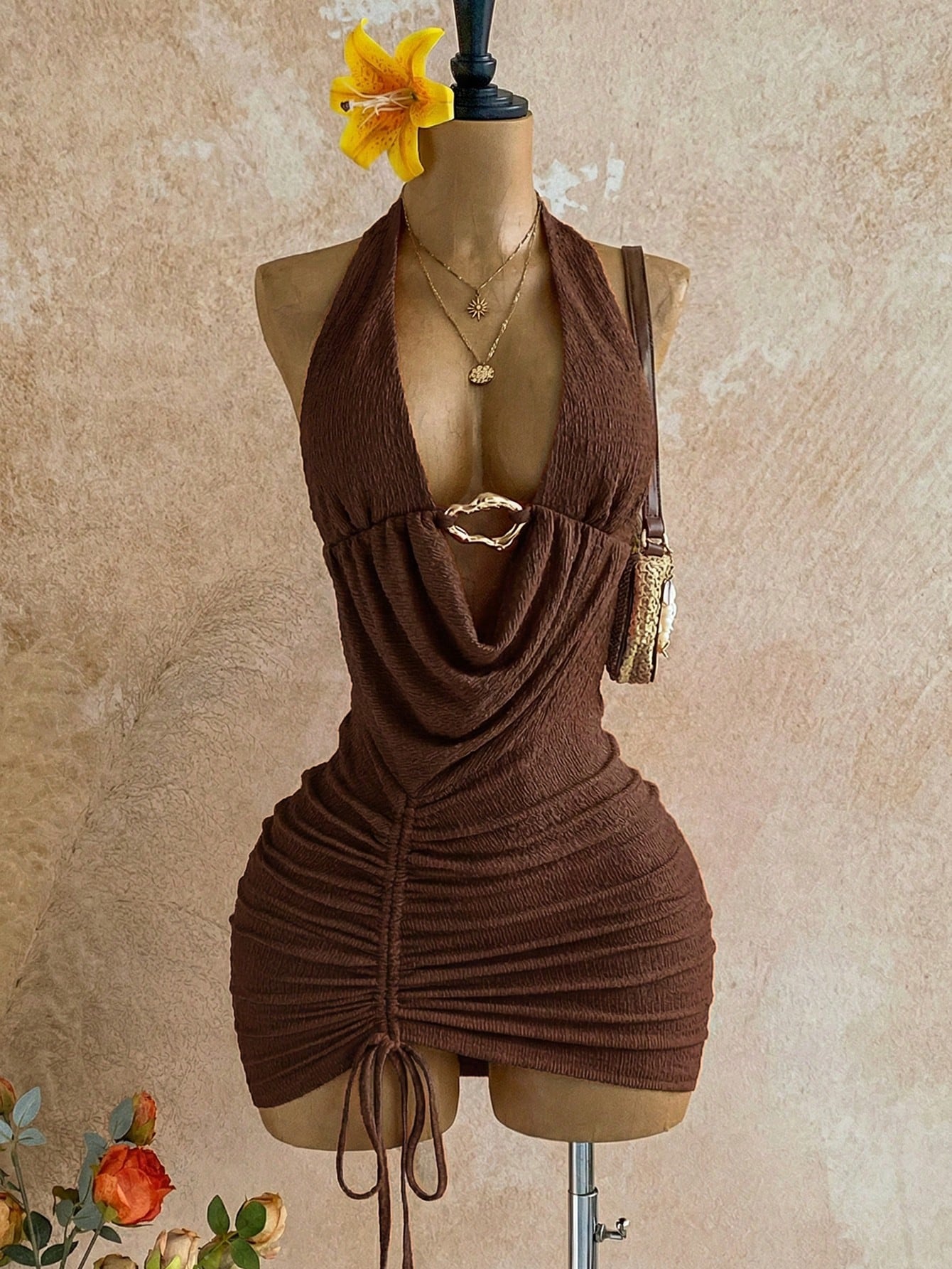Soleia Women's Red Mini Dress For Club Night,Rave,Techno New Year Eve Party Outfit,Summer Vacation Backless Metal Buckle Drawstring Ruched Knot Dress Sexy