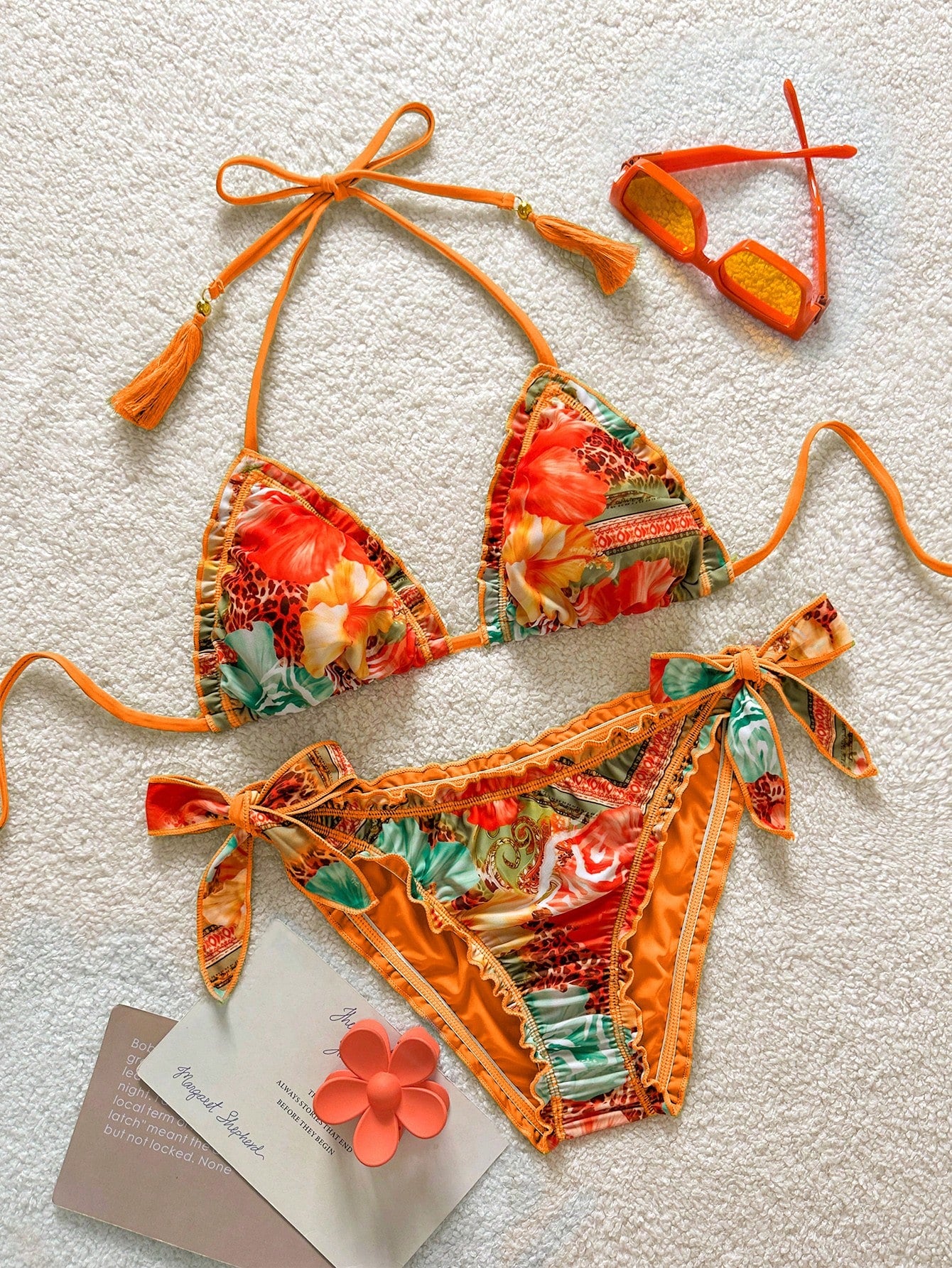 Soleia Women's Retro Colorful Leopard, Zebra, Floral Print Ruffled Halter Neck Tie Tassel Decor Beach Bikini Set Summer Vacation Bathing Suit