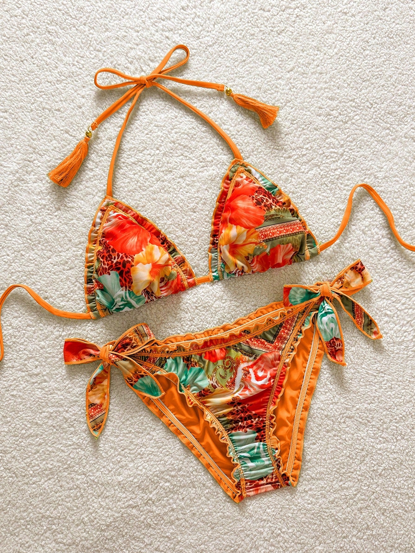 Soleia Women's Retro Colorful Leopard, Zebra, Floral Print Ruffled Halter Neck Tie Tassel Decor Beach Bikini Set Summer Vacation Bathing Suit