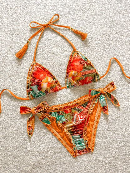 Soleia Women's Retro Colorful Leopard, Zebra, Floral Print Ruffled Halter Neck Tie Tassel Decor Beach Bikini Set Summer Vacation Bathing Suit