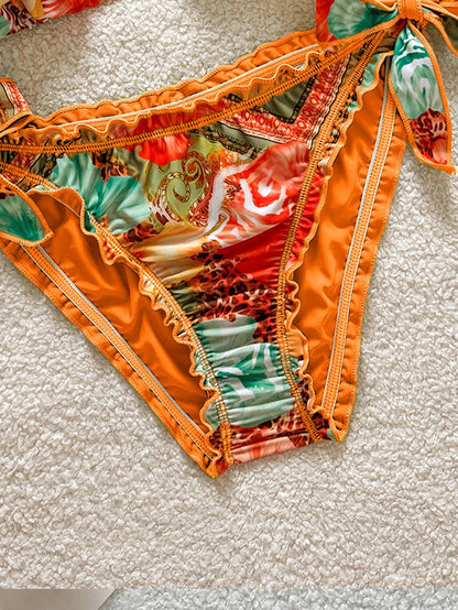 Soleia Women's Retro Colorful Leopard, Zebra, Floral Print Ruffled Halter Neck Tie Tassel Decor Beach Bikini Set Summer Vacation Bathing Suit