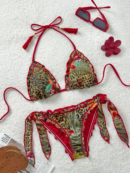 Soleia Women's Retro Colorful Leopard, Zebra, Floral Print Ruffled Halter Neck Tie Tassel Decor Beach Bikini Set Summer Vacation Bathing Suit
