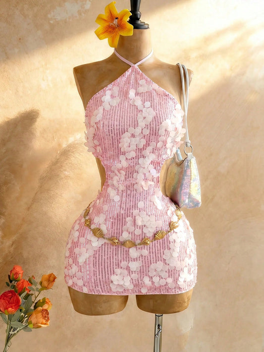 Soleia Women's Sexy Summer Beach Night Out Vacation Style Sequin Backless Lace-Up Knot Halter Mini Dress, Waist Chain Not Included Blush Pink