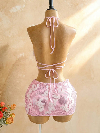 Soleia Women's Sexy Summer Beach Night Out Vacation Style Sequin Backless Lace-Up Knot Halter Mini Dress, Waist Chain Not Included Blush Pink