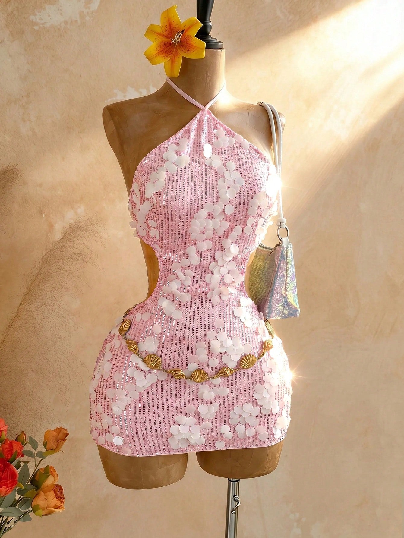 Soleia Women's Sexy Summer Beach Night Out Vacation Style Sequin Backless Lace-Up Knot Halter Mini Dress, Waist Chain Not Included Blush Pink