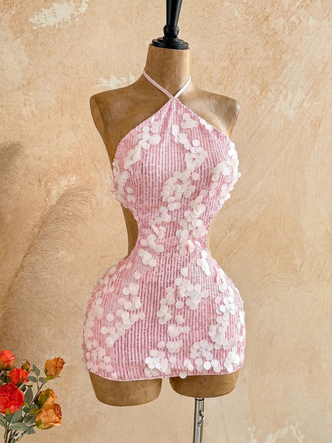 Soleia Women's Sexy Summer Beach Night Out Vacation Style Sequin Backless Lace-Up Knot Halter Mini Dress, Waist Chain Not Included Blush Pink