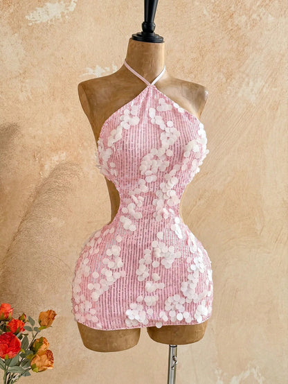 Soleia Women's Sexy Summer Beach Night Out Vacation Style Sequin Backless Lace-Up Knot Halter Mini Dress, Waist Chain Not Included Blush Pink