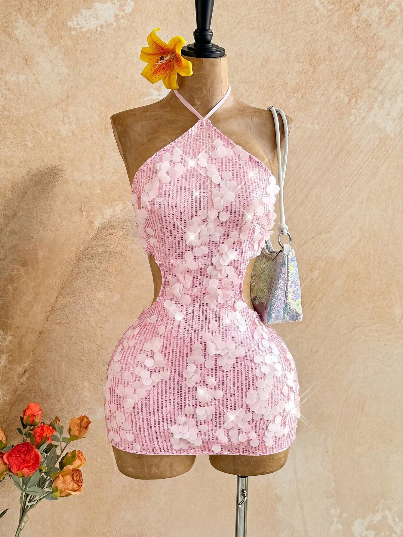 Soleia Women's Sexy Summer Beach Night Out Vacation Style Sequin Backless Lace-Up Knot Halter Mini Dress, Waist Chain Not Included Blush Pink