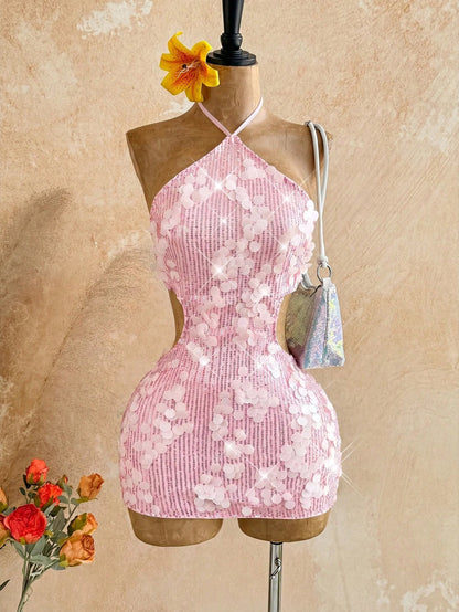 Soleia Women's Sexy Summer Beach Night Out Vacation Style Sequin Backless Lace-Up Knot Halter Mini Dress, Waist Chain Not Included Blush Pink