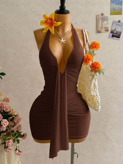 Soleia Women's Solid Color Halter Neck Ruched Backless Casual Vacation Summer Dress,Party Dresses For Women No Chest Padding