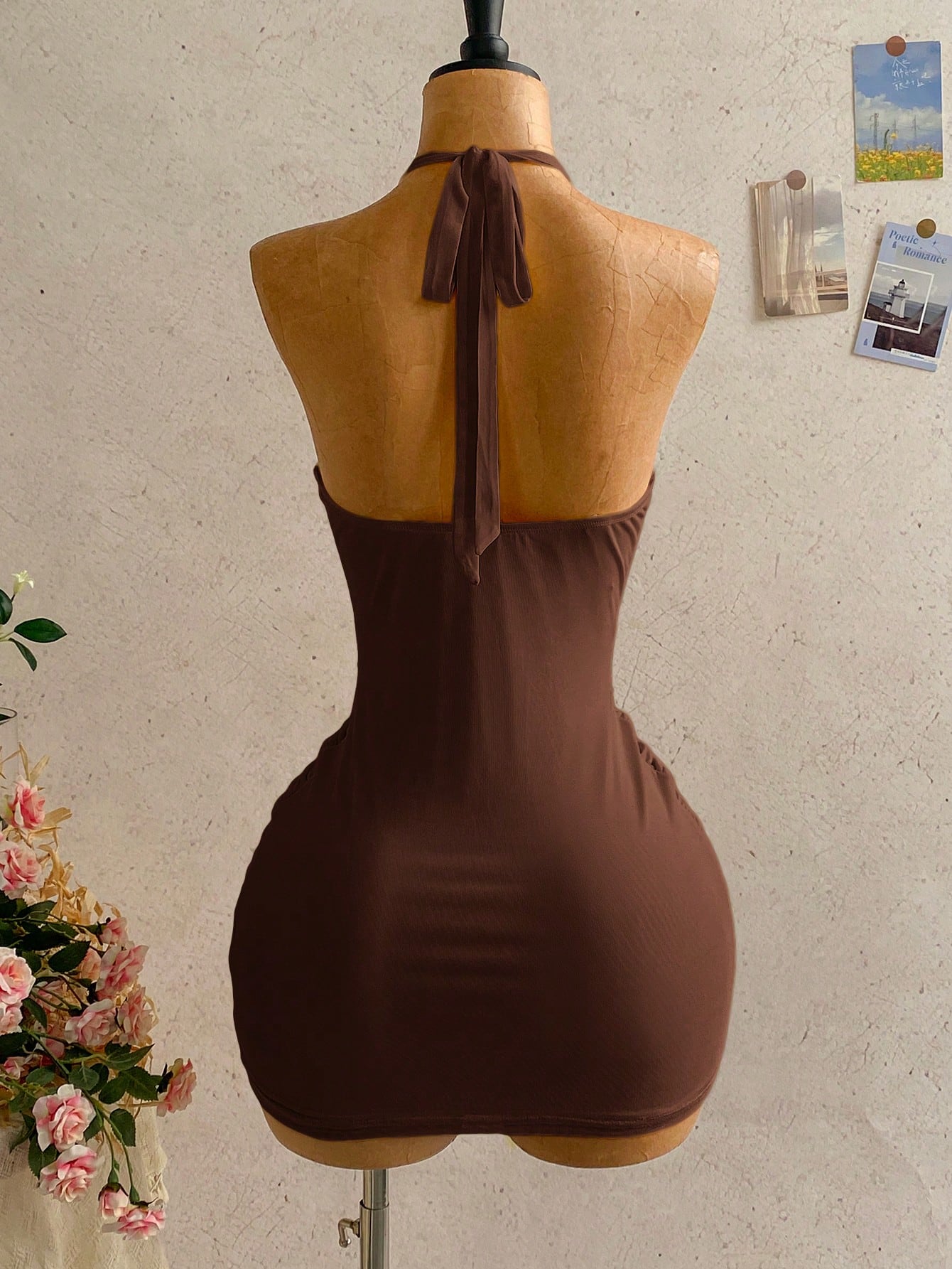 Soleia Women's Solid Color Halter Neck Ruched Backless Casual Vacation Summer Dress,Party Dresses For Women No Chest Padding
