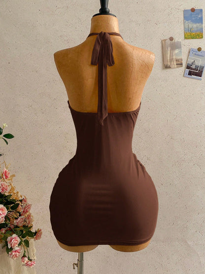 Soleia Women's Solid Color Halter Neck Ruched Backless Casual Vacation Summer Dress,Party Dresses For Women No Chest Padding
