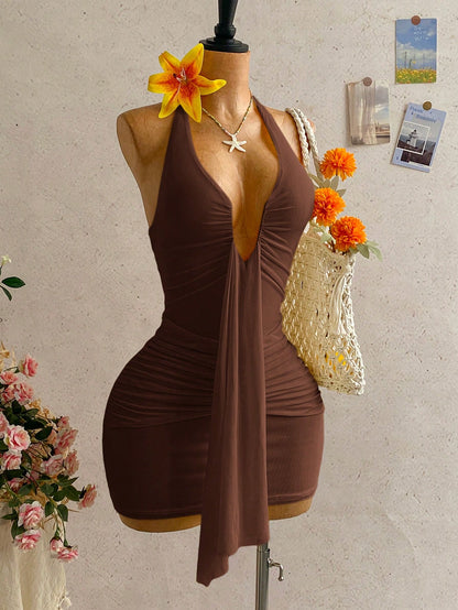 Soleia Women's Solid Color Halter Neck Ruched Backless Casual Vacation Summer Dress,Party Dresses For Women No Chest Padding