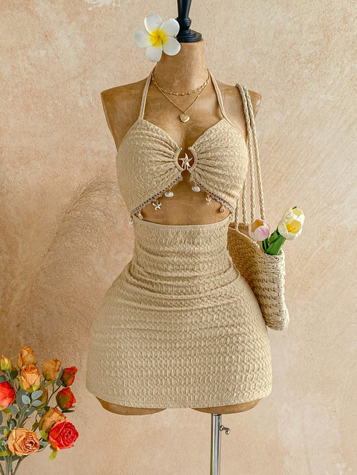 Soleia Women's Solid Color Shell Decor Tie-Neck Ruched Waist Elegant Mini Dress For Dates & Parties,Vacation Dress,Summer Dresses For Women,No Chest Padding
