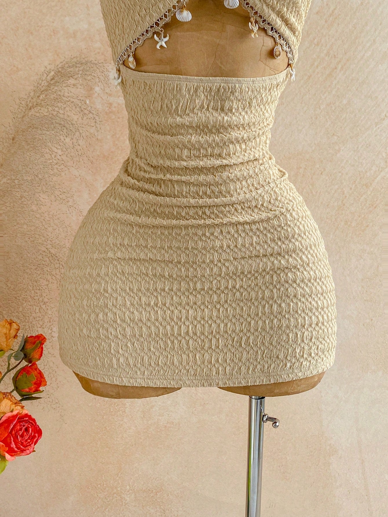 Soleia Women's Solid Color Shell Decor Tie-Neck Ruched Waist Elegant Mini Dress For Dates & Parties,Vacation Dress,Summer Dresses For Women,No Chest Padding