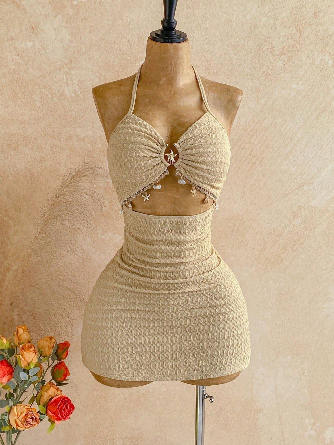 Soleia Women's Solid Color Shell Decor Tie-Neck Ruched Waist Elegant Mini Dress For Dates & Parties,Vacation Dress,Summer Dresses For Women,No Chest Padding