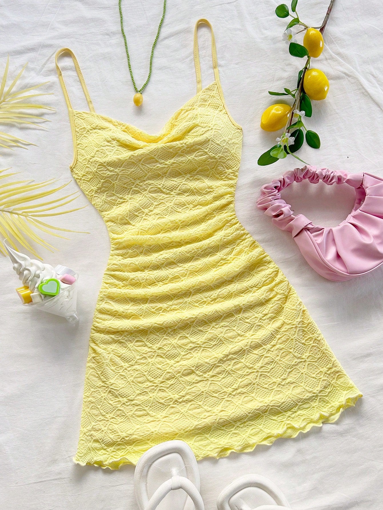 Soleia Women's Spaghetti Strap Ruched Backless Mini Dress,Butter Yellow,Summer Tropical Holiday Vacation,Boho Casual No Chest Padding