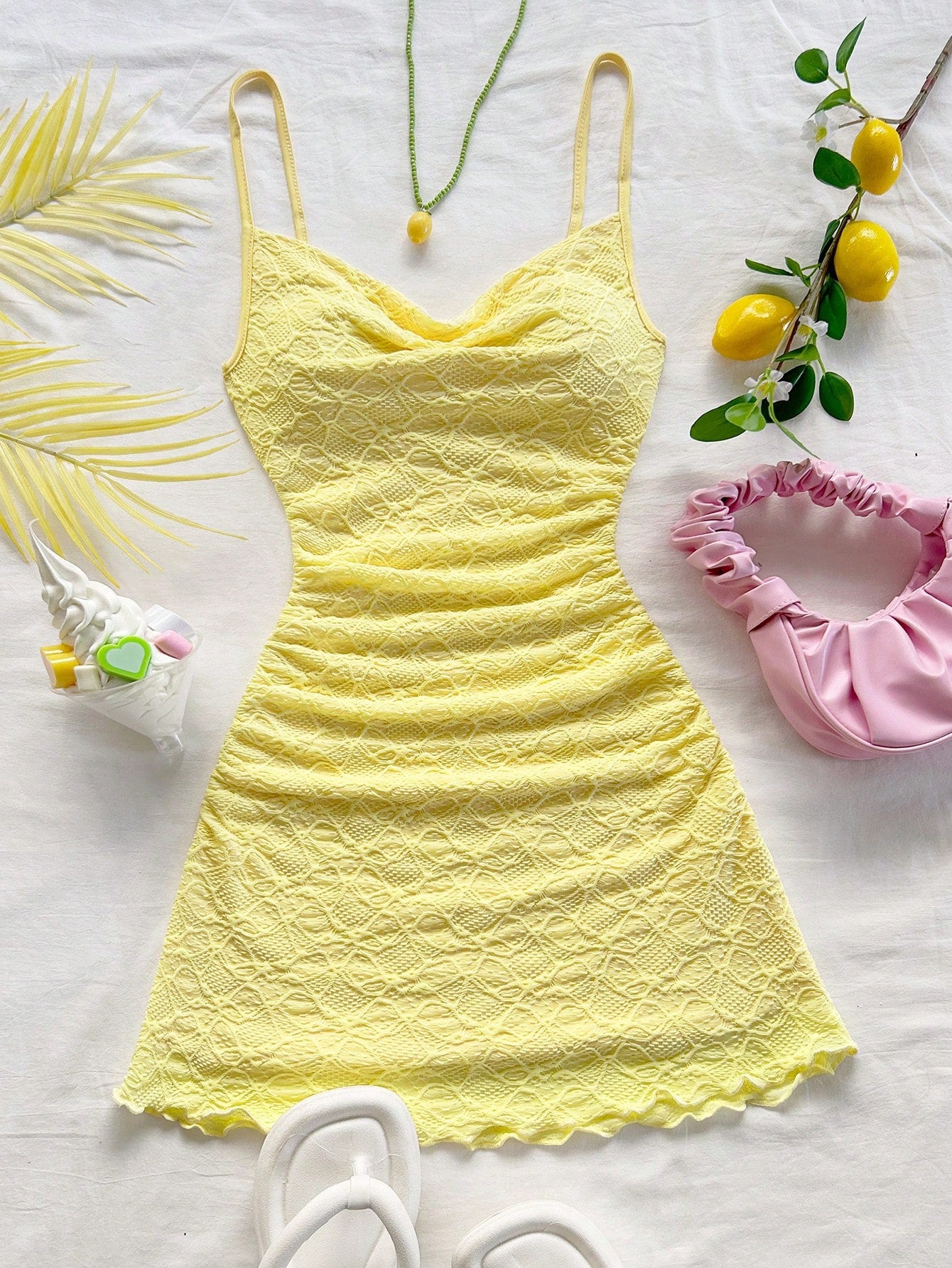 Soleia Women's Spaghetti Strap Ruched Backless Mini Dress,Butter Yellow,Summer Tropical Holiday Vacation,Boho Casual No Chest Padding
