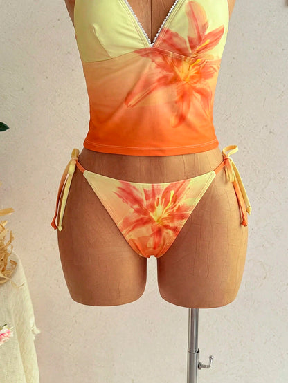 Soleia Women's Summer Beach Floral Print Halter Tie Tankini And Triangle Tankini Swimwear Set