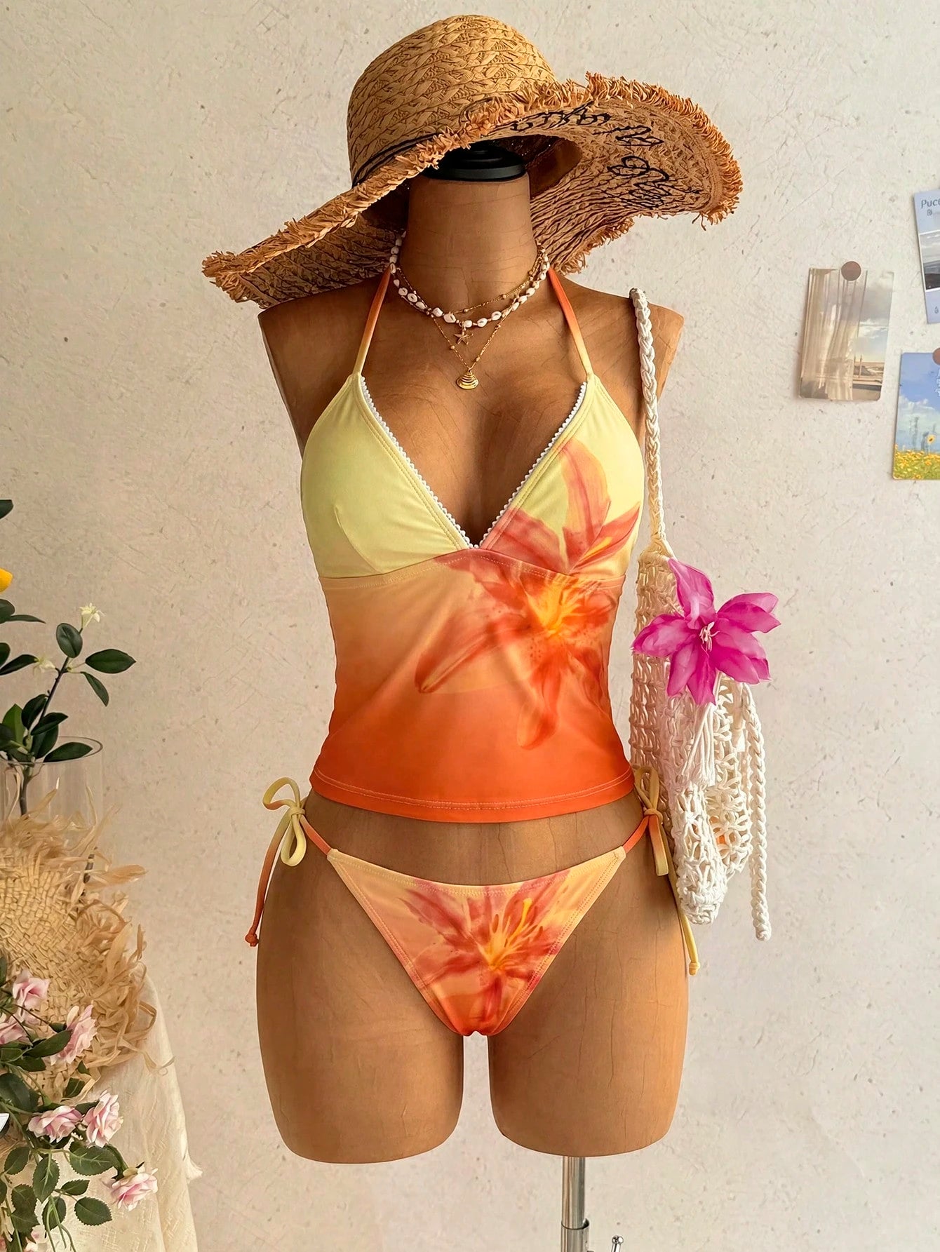 Soleia Women's Summer Beach Floral Print Halter Tie Tankini And Triangle Tankini Swimwear Set